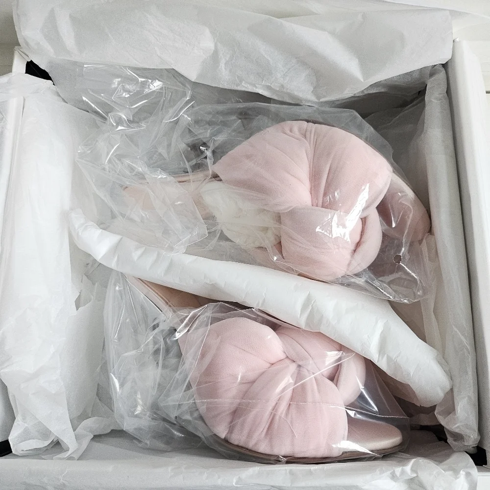 New Giambattista Valli 110mm Maxi Bow Tulle Mirror Quartz Rose Mule Sandals 9 US